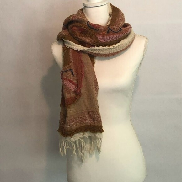 Boho Woven and Embroidered Brown and Pink Scarf Wrap with Fringe - Picture 1 of 3
